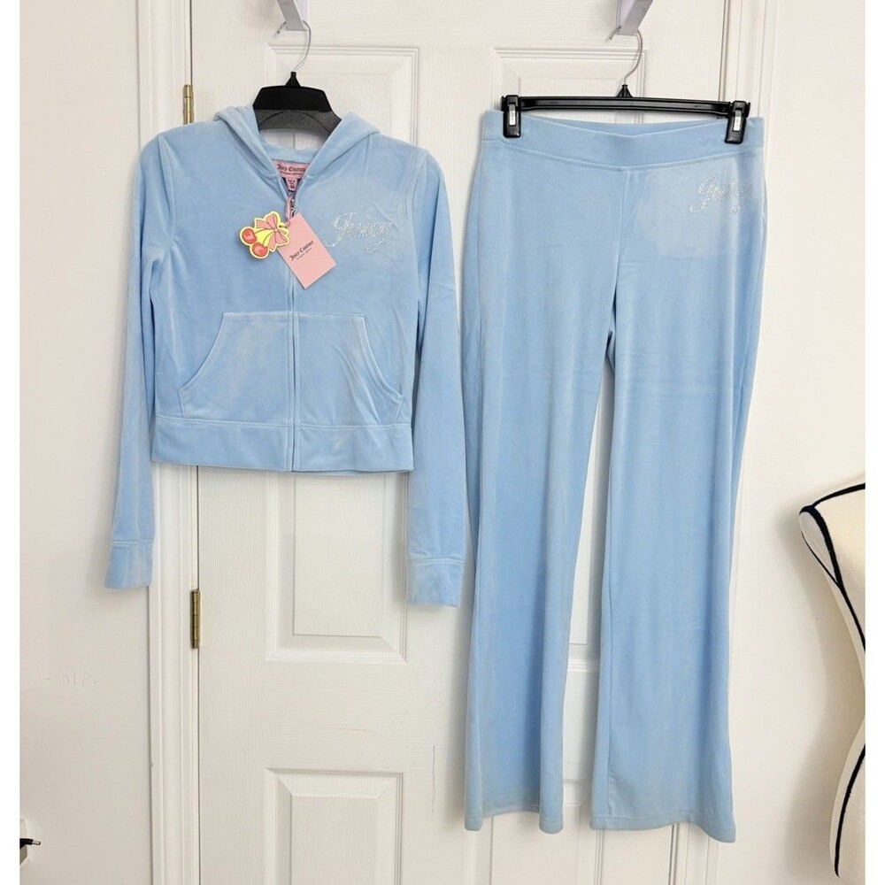 New Juicy Couture Frosted Blue Velour Rhinestone Tracksuit Set Size Large